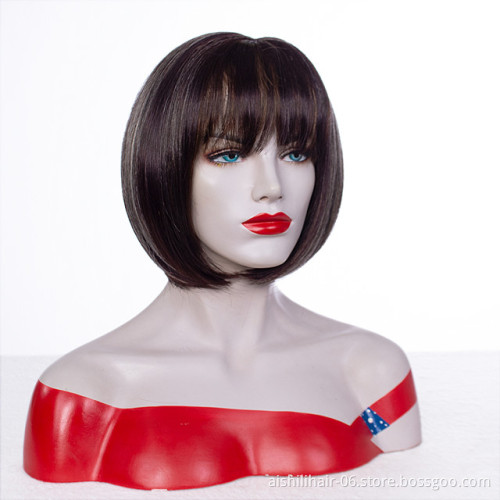 Wholesale stort brown mix blonde bob wig with natural bangs synthetic hair wigs for women